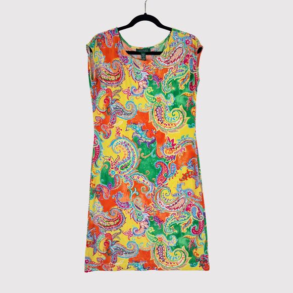 LRL Ralph Lauren Dress Orange Mini Floral Paisley Sheath Stretch Boho Medium - Picture 1 of 10